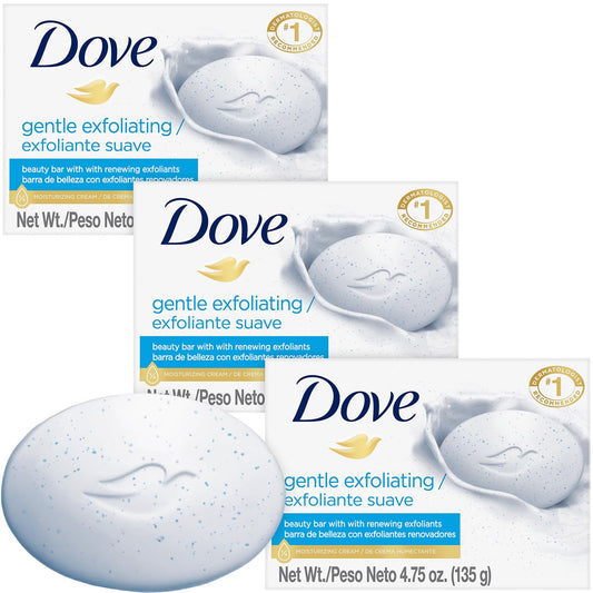Dove Soap, Gentle Exfoliating Beauty Bar 3-Pack – 3-in-1 Moisturizing Face, Body & Hand Soap, 4.75