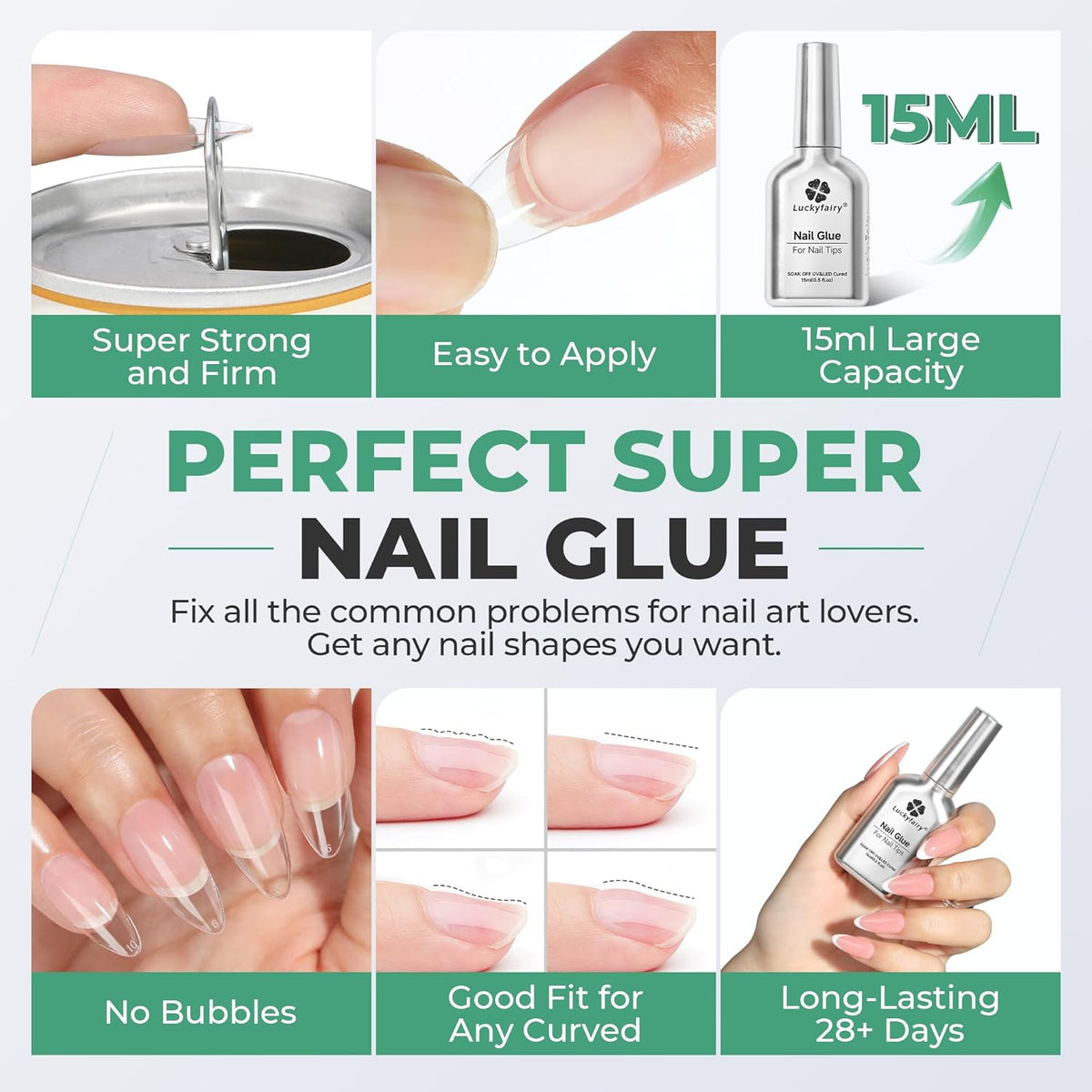 Gel Nail Glue Super Strong: 15ml Nail Glue Gel 6 in 1 for Acrylic Nails Tips and Clear Press on