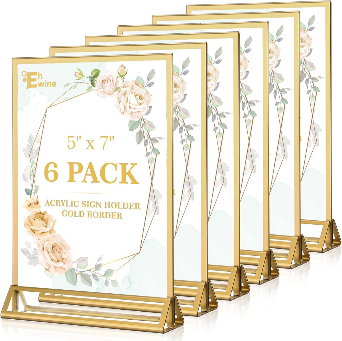 EHWINE 6 Pack Acrylic Sign Holder 5 x 7, Double Sided Gold Picture Frame Stand up Table Top Sign