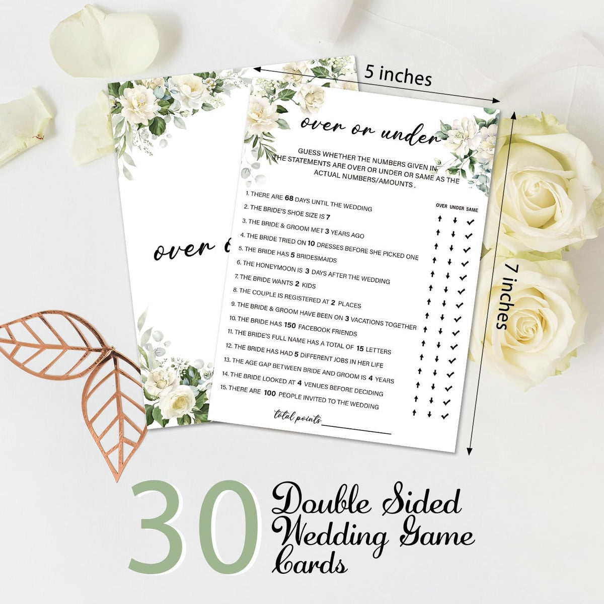 Eucalyptus Bridal Shower Games 30 Guests, Over or Under Bridal Games for Showers, White Rose