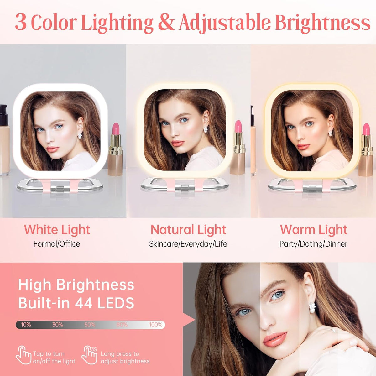 Compact Travel Makeup Mirror with Lights, 1X/30X Double-Sided Magnifying Mirror, 3 Color LED