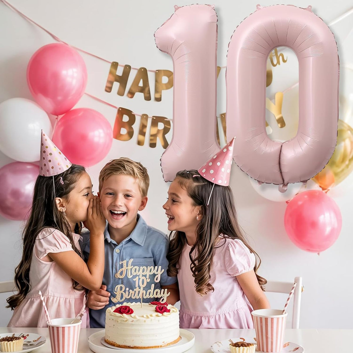 Pastel Pink Balloons Number 10, 40 Inch Foil Number 1 & 0 Balloons for 10 Year Old Birthday