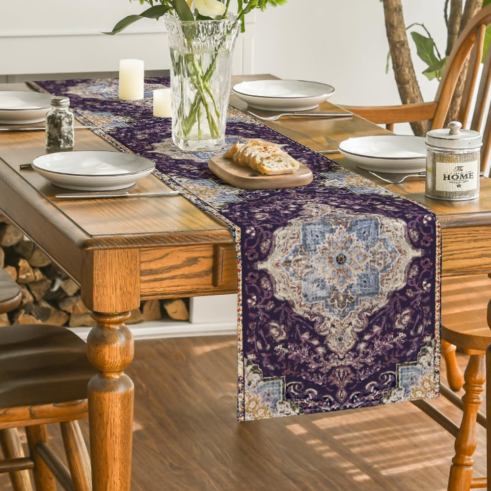 Artoid Mode Boho Bohemia Style Purple Table Runner, Country Rustic Farmhouse Magical Mardi Gras