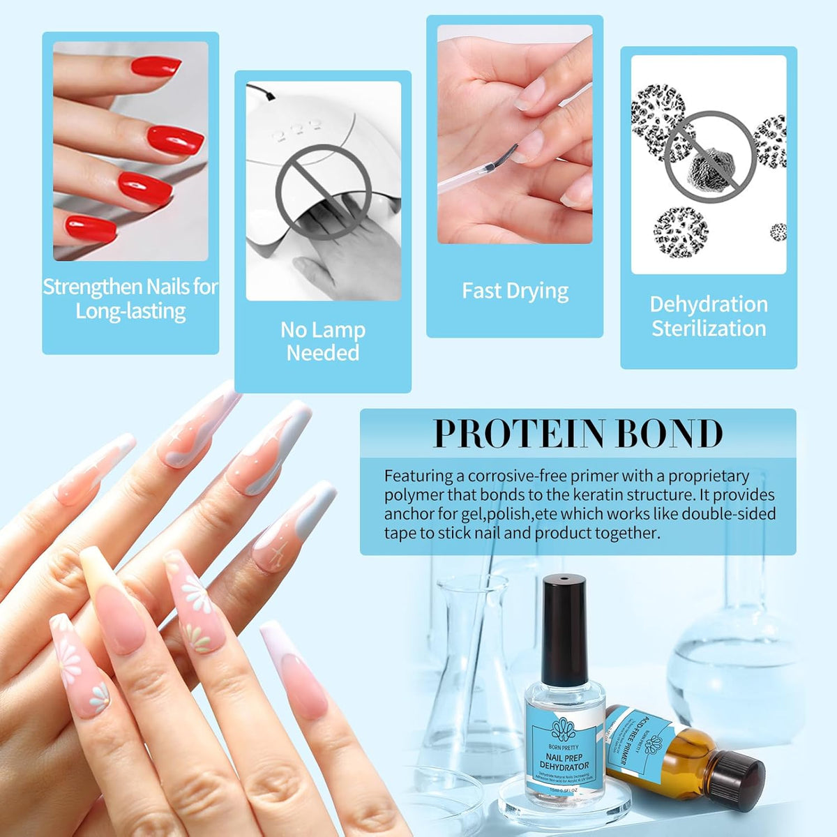 BORN PRETTY Natural Nail Prep Dehydrate and Bond Primer Acid-Free,15ml Dehydrator for Acrylic and