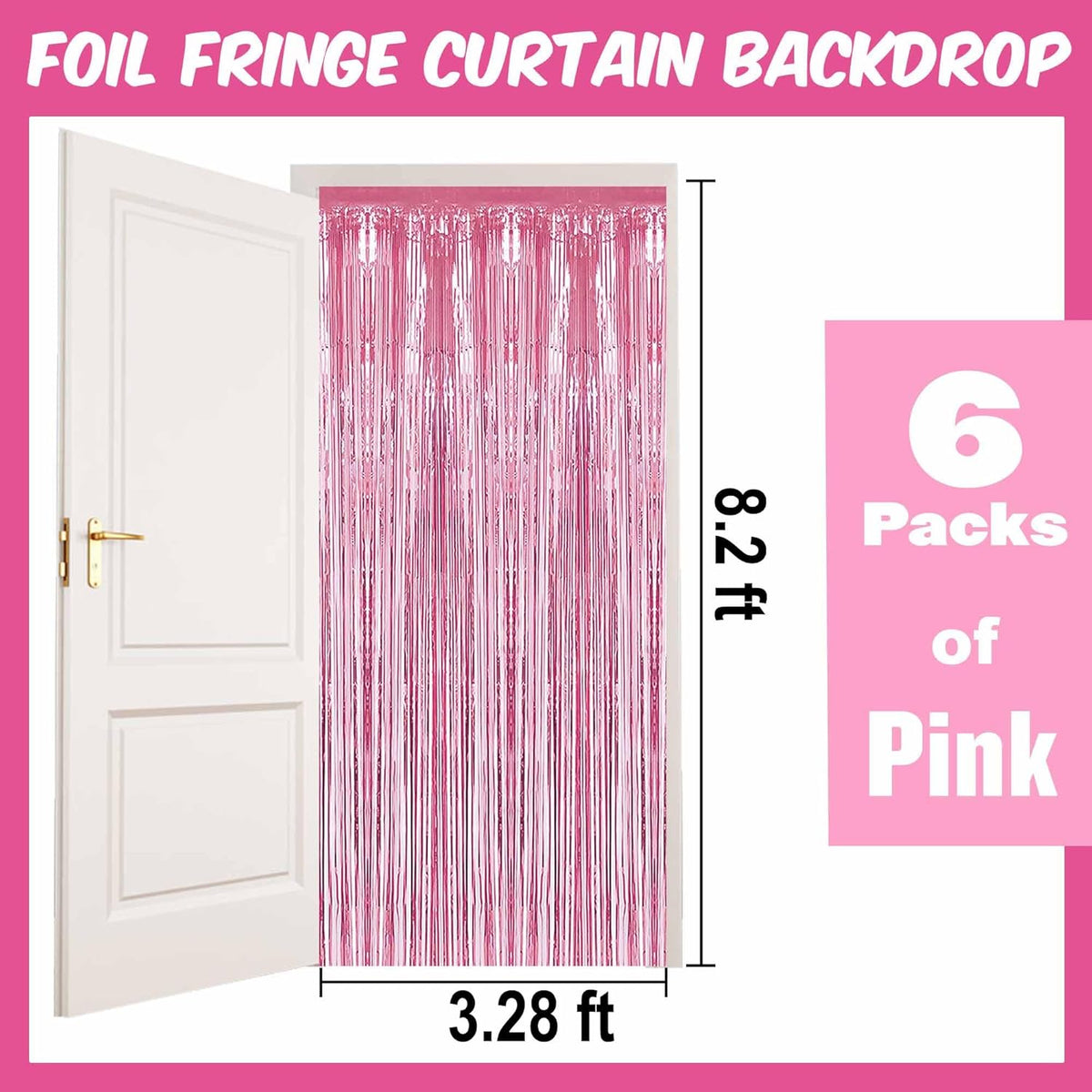 6 Pack Pink Foil Fringe Curtains Backdrop, 3.28 x 8.2 Ft Metallic Streamers Tinsel Curtains