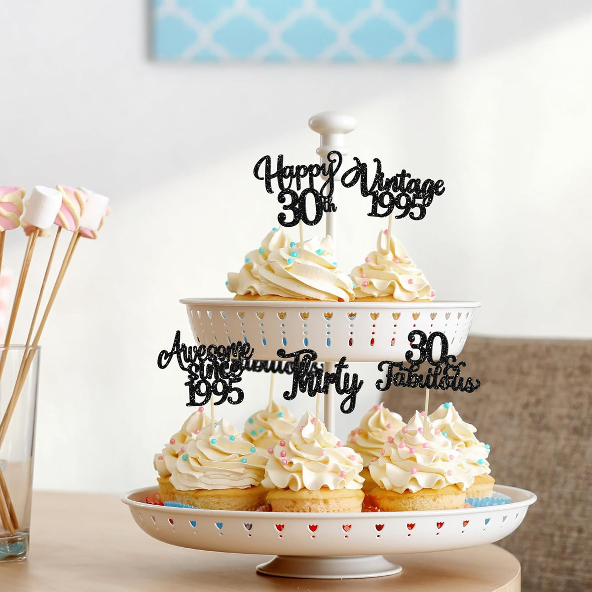 30Pcs Happy 30th Birthday Cupcake Toppers Glitter Thirty Vintage 1995 Cupcake Picks Cheers to 30