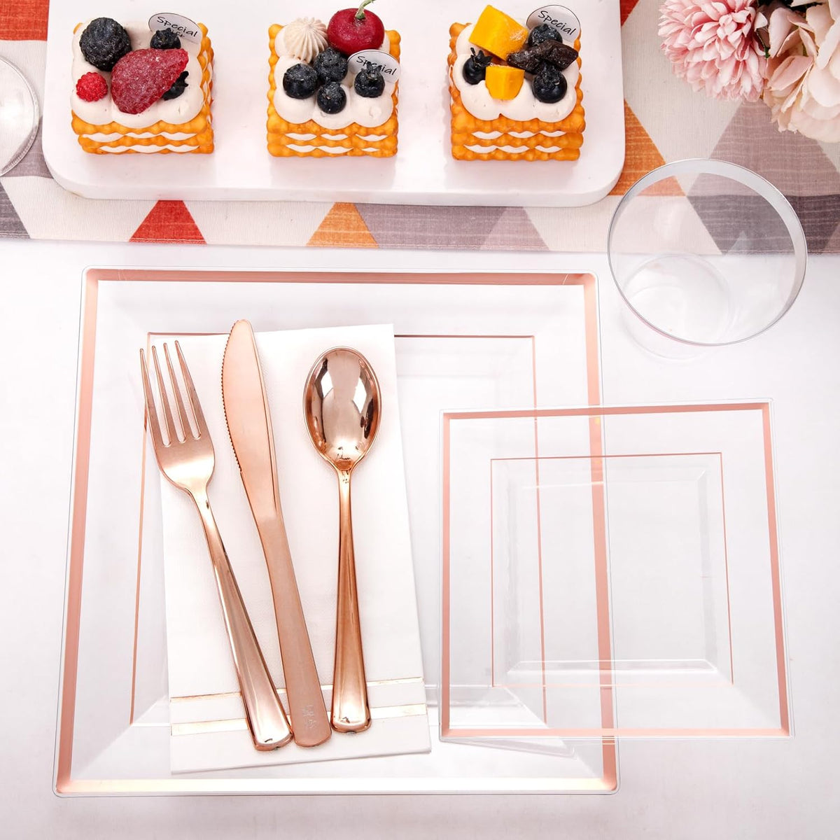 Festiva 350Pcs Rose Gold Plastic Plates - Clear Rose Gold Disposable Dinnerware Sets for 50Guests