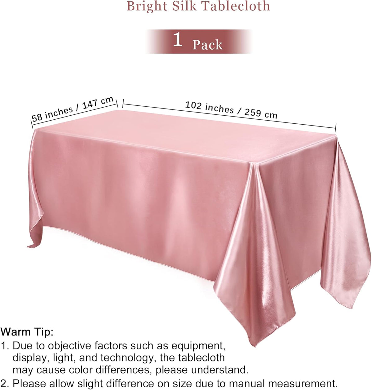 TURSTIN 1 Pack Rose Gold Satin Tablecloth 102 x 58 Inch Overlay Satin Table Cover Rectangle Bright