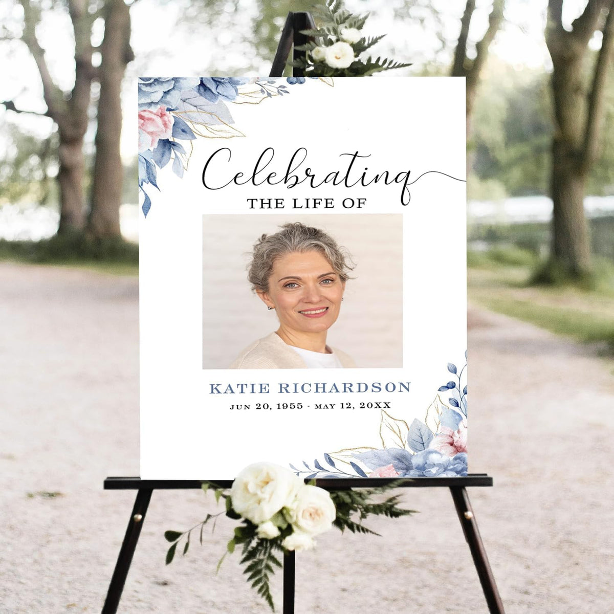 Blue Roses Memorial Sign Navy Blue Funeral Welcome Sign for Women Blue Flowers Female Memorial Sign