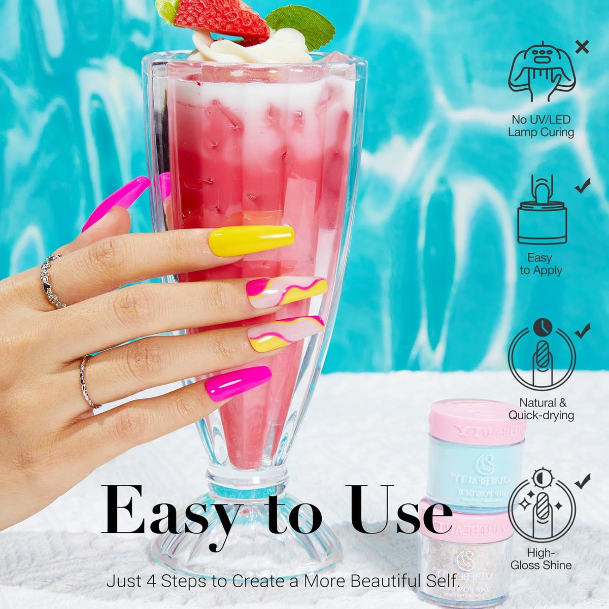 AZUREBEAUTY Dip Powder Nail Kit Starter, 4 Colors Pink Yellow Blue Glitter Dipping Powder Liquid