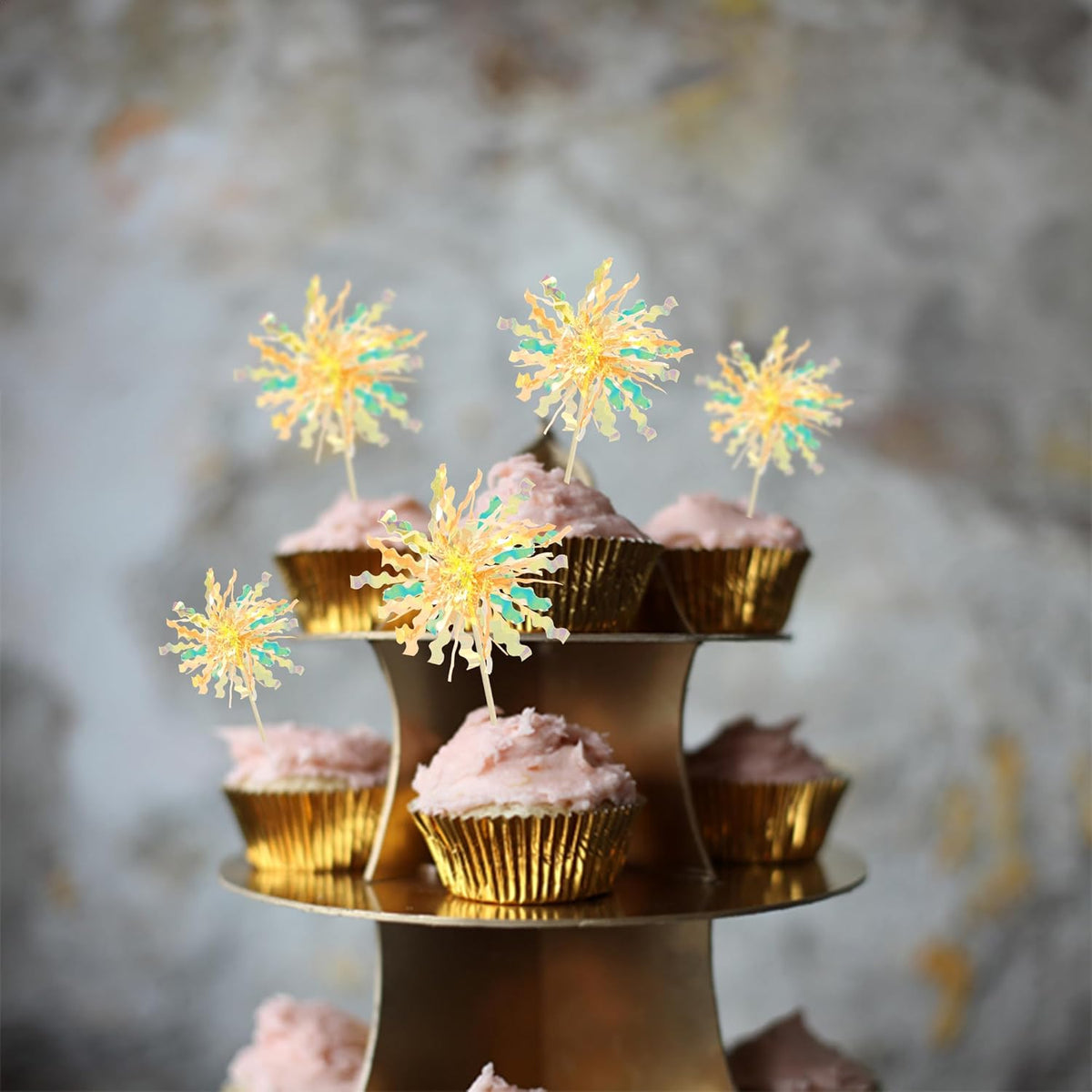 Gyufise 20Pcs Foil Firework Cupcake Toppers Happy Birthday Cake Toppers Tinsel Flower Drink