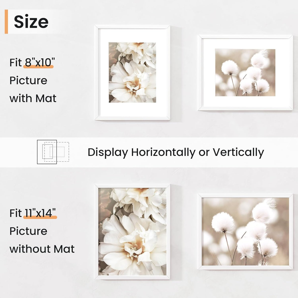 11x14 inch Picture Frame, 11x14 Photo Frames with 8x10 Removable Mat - High Definition Plexiglass