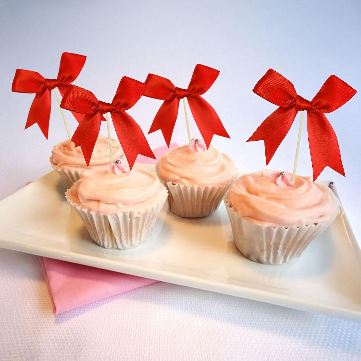 Ephlyn 24Pcs Red Bow Cupcake Toppers Bow Cake Topper Birthday Decorations Mini Bowknot Cupcake