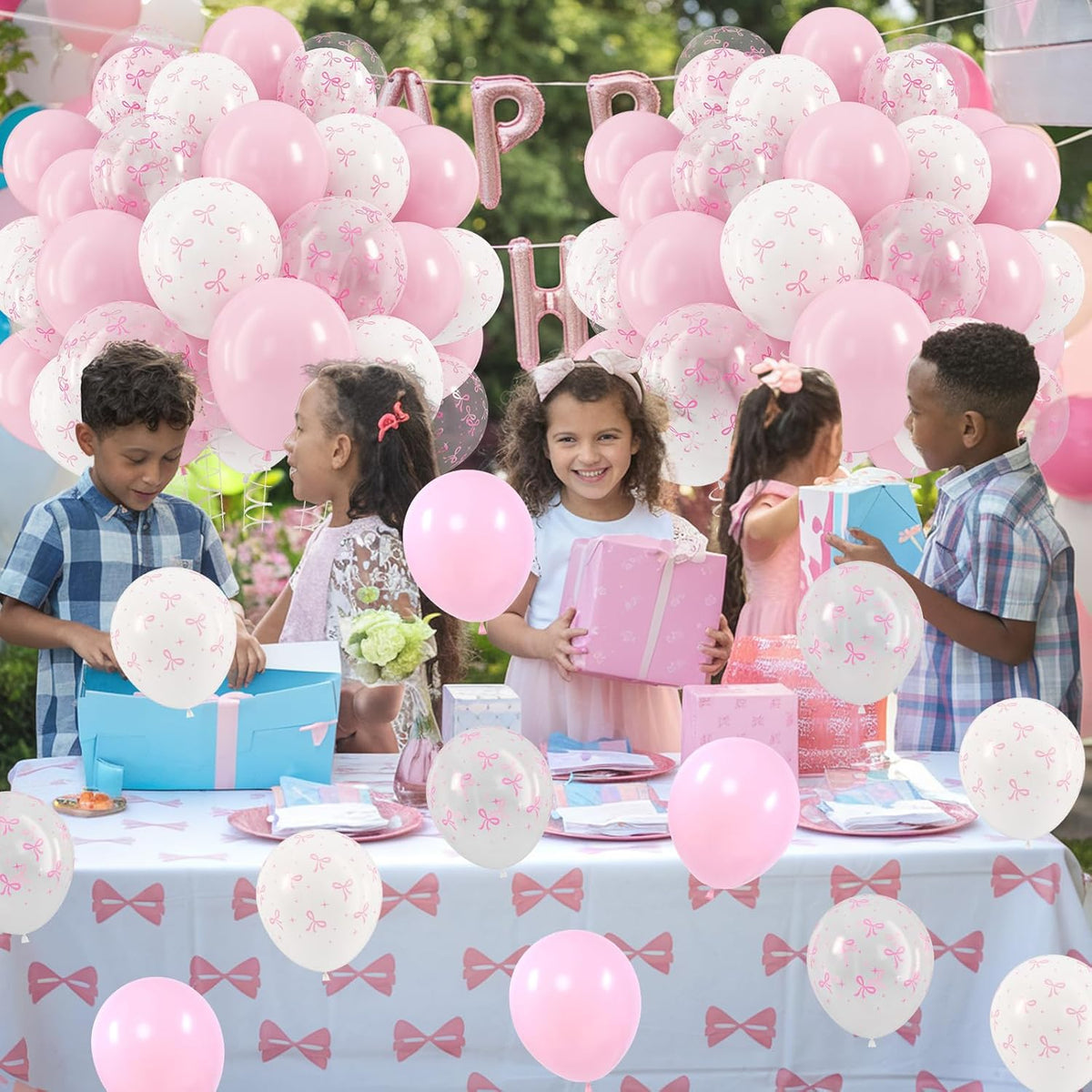 Pink Bow Balloons, 12 Inch Pastel Light Pink Transparent White Bow Print Coquette Balloon for Girls