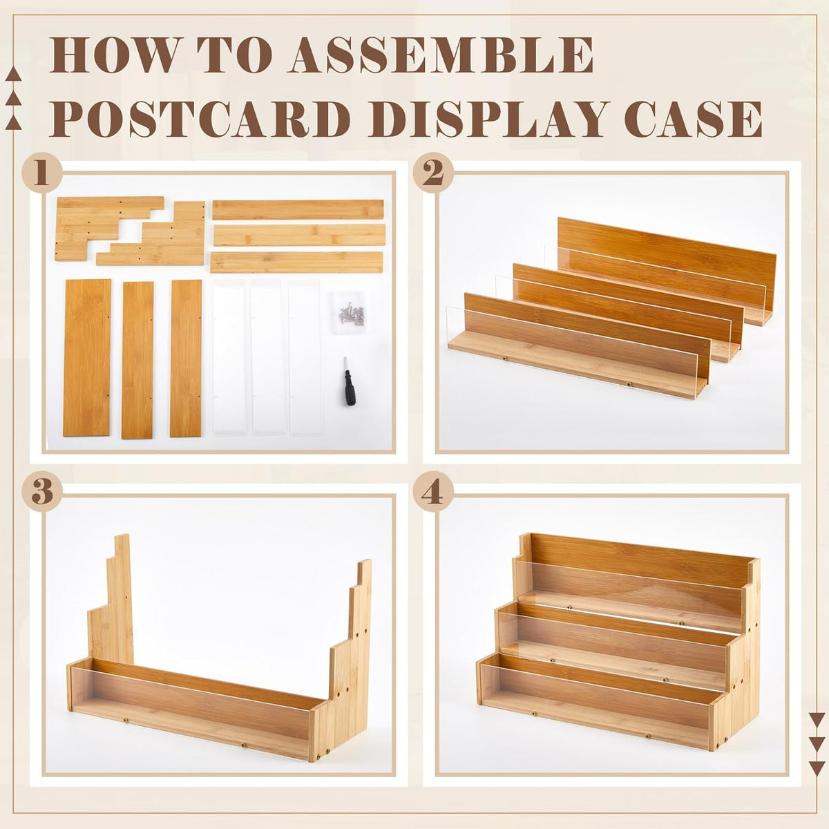 3 Tier Greeting Card Display Stand Wood Color Bamboo and Acrylic Sticker Display Stand Trading Card
