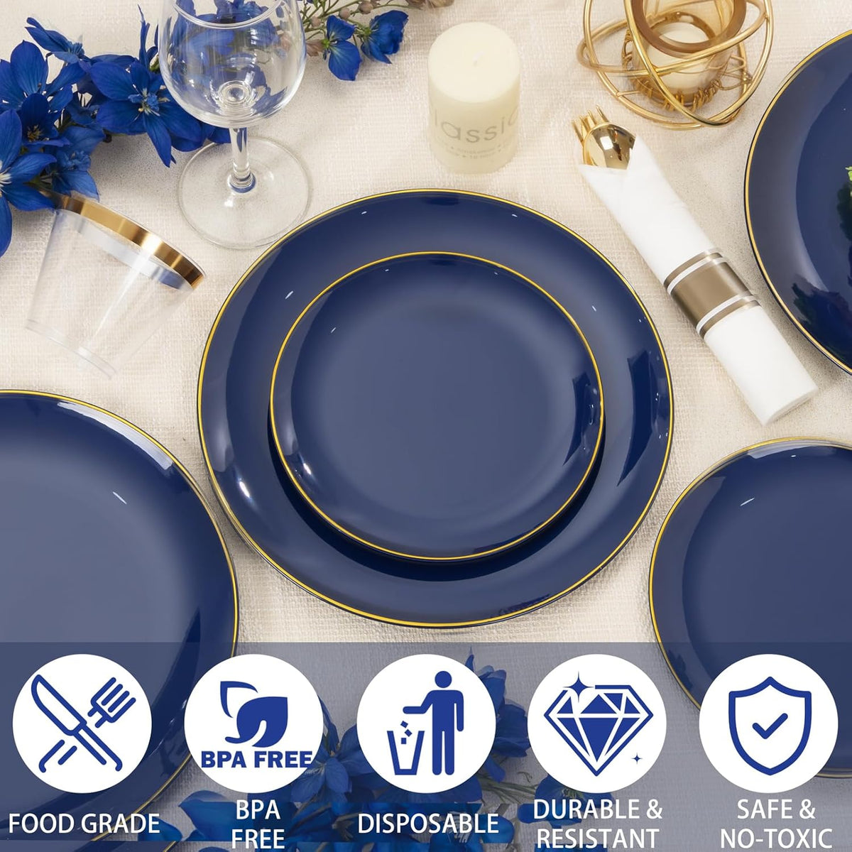 KIRE 175Pcs Blue Plastic Plates - Navy Blue Plates Disposable - 25 for Dinner 25 for Dessert 25 Pre