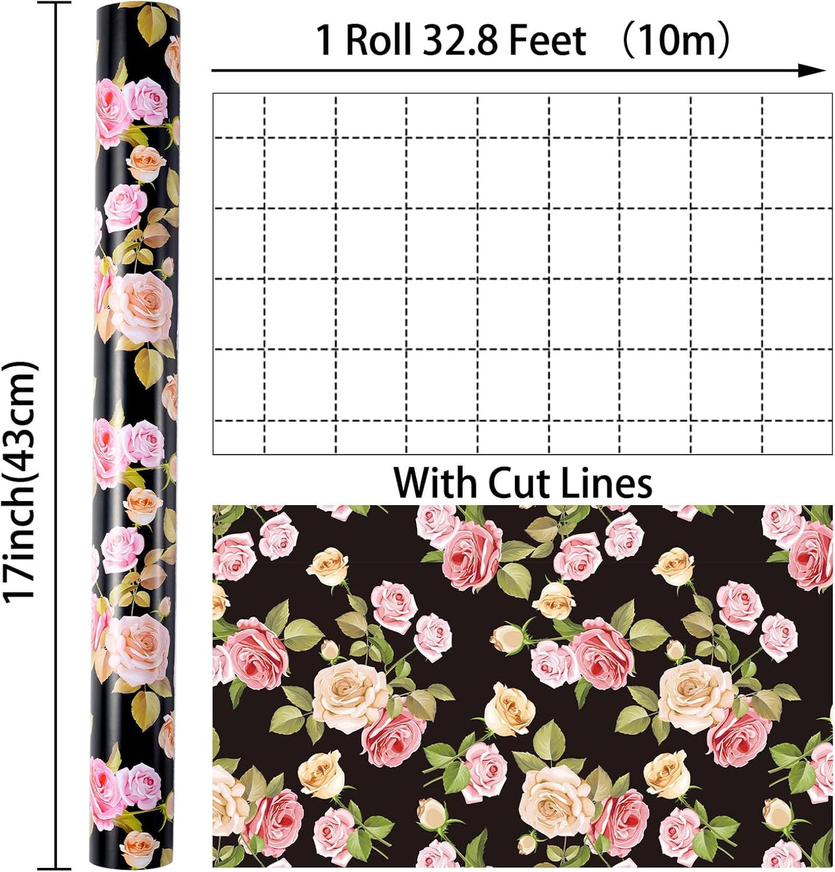 Ulmasinn Floral Wrapping Paper Roll - 17 Inches x 33 Feet - Vintage Romantic Pink Rose Flower Gift