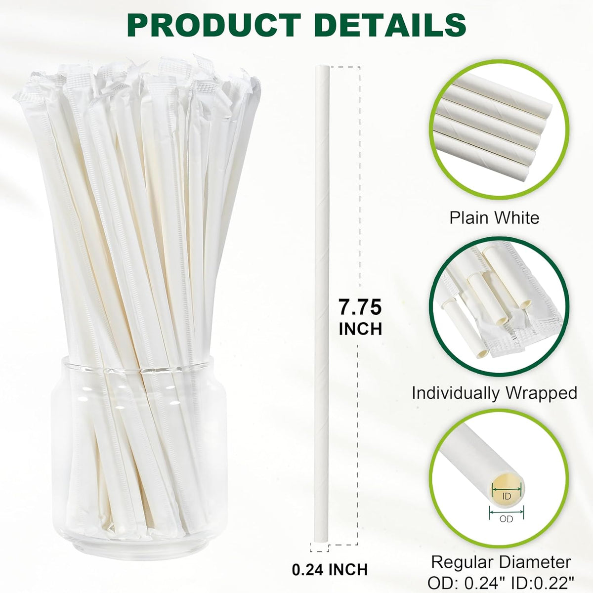 7.75 Inch Disposable Paper Drinking Straws Bulk Individually Wrapped, 0.24" Dia. (Plain White, 400