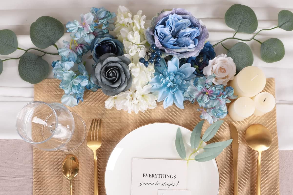 Floweroyal Artificial Flowers Combo Dusty Blue Flowers Mix Silk Flowers Dahlia Roses with Stems for