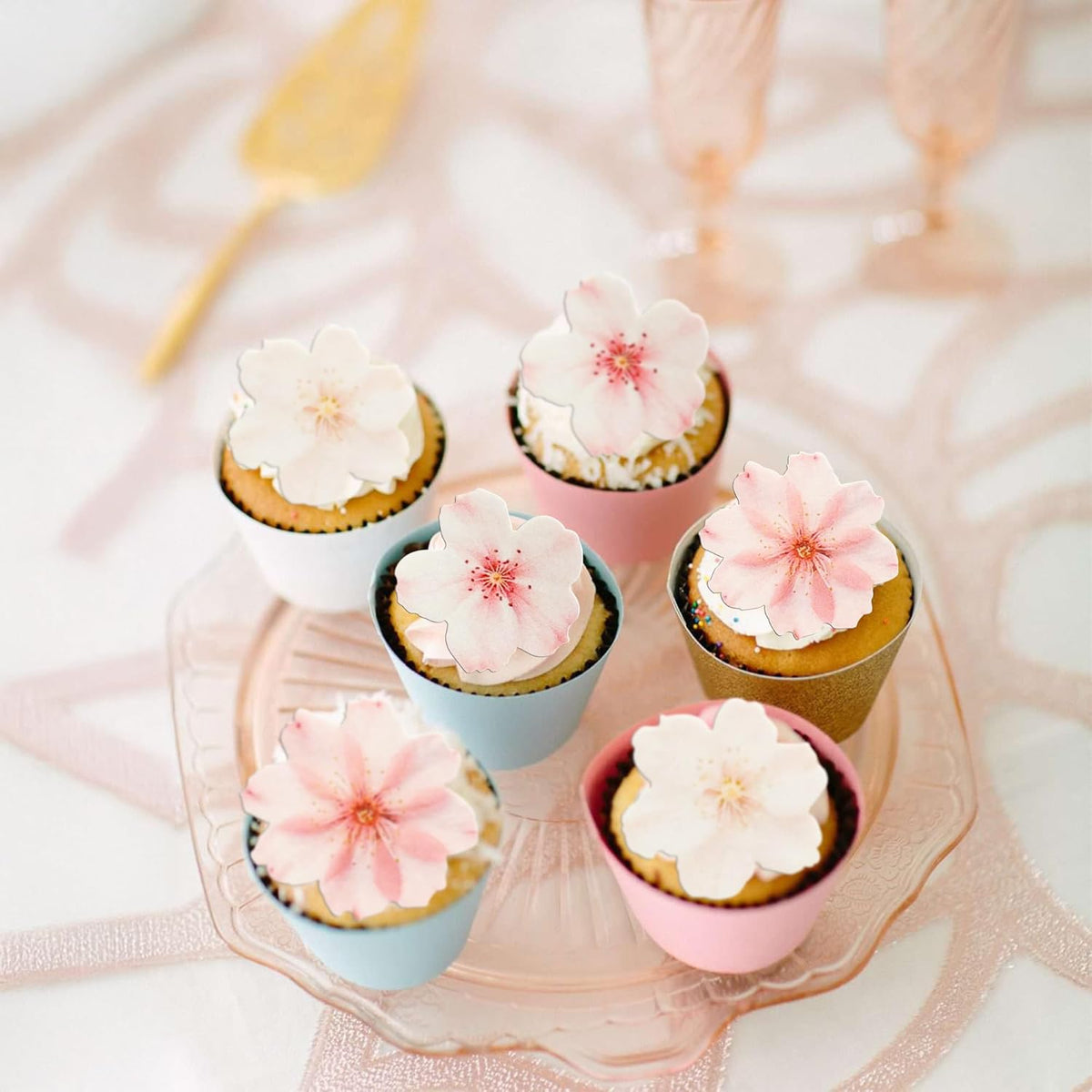 Ephlyn 54Pcs Edible Cherry Blossom Cake Decoration Spring Flowers Cupcake Toppers Wafer Paper