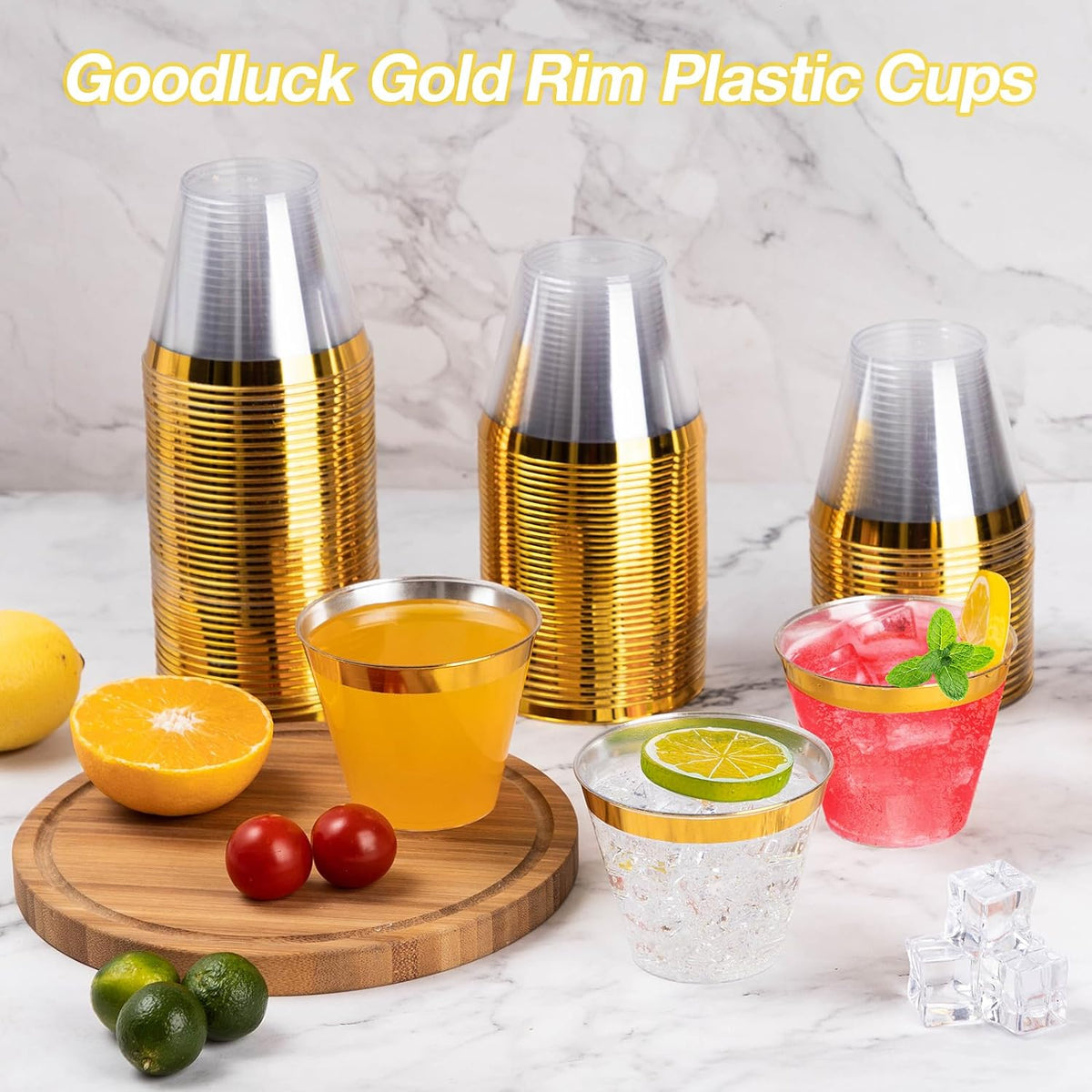 Goodluck 100PCS 9oz Gold Plastic Cups for Party, Disposable Gold Rim Cups, Plastic Cocktail Glasses