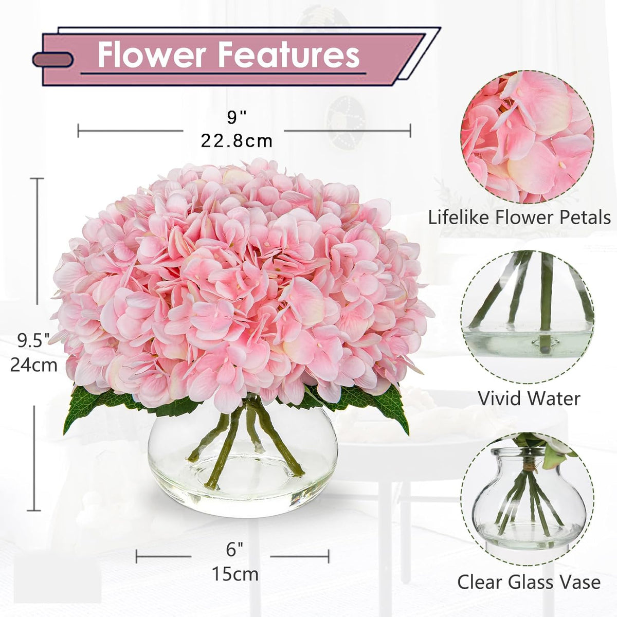 Hollyone Hydrangea Artificial Flowers with Glass Vase Pink Silk Faux Flowers Arrangements with