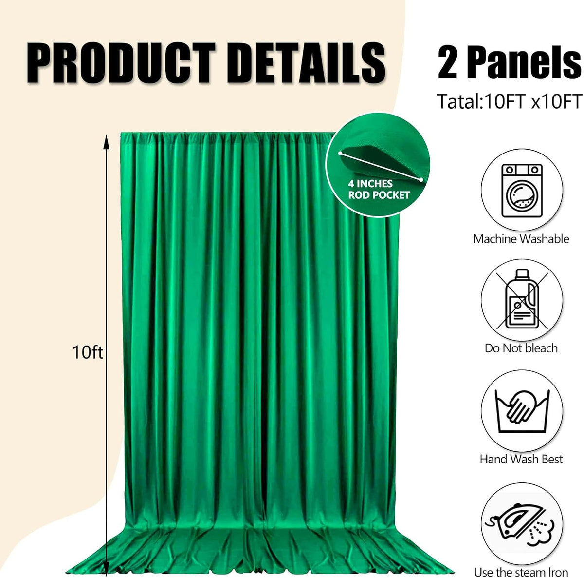 10ft x 10ft Deep Green Backdrop Curtains for Parties, Fabric Satin Background Curtain with Rod