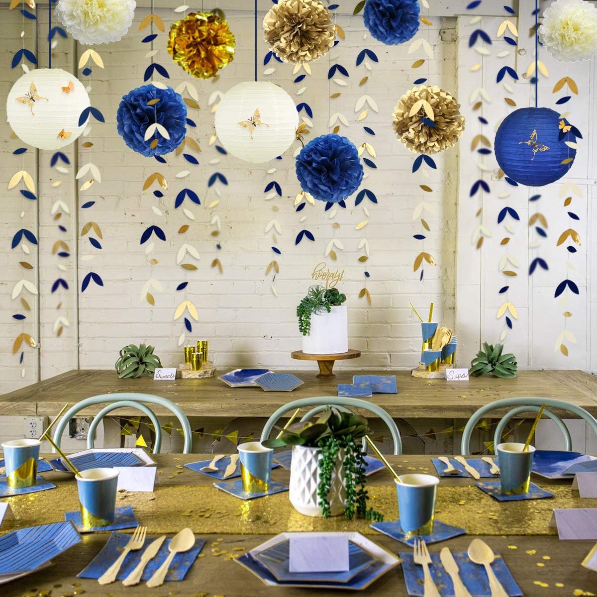 Navy Blue and Gold Party Decoration Kit Lanterns Flowers Pom Pom with Champagne Gold 3D Butterfly