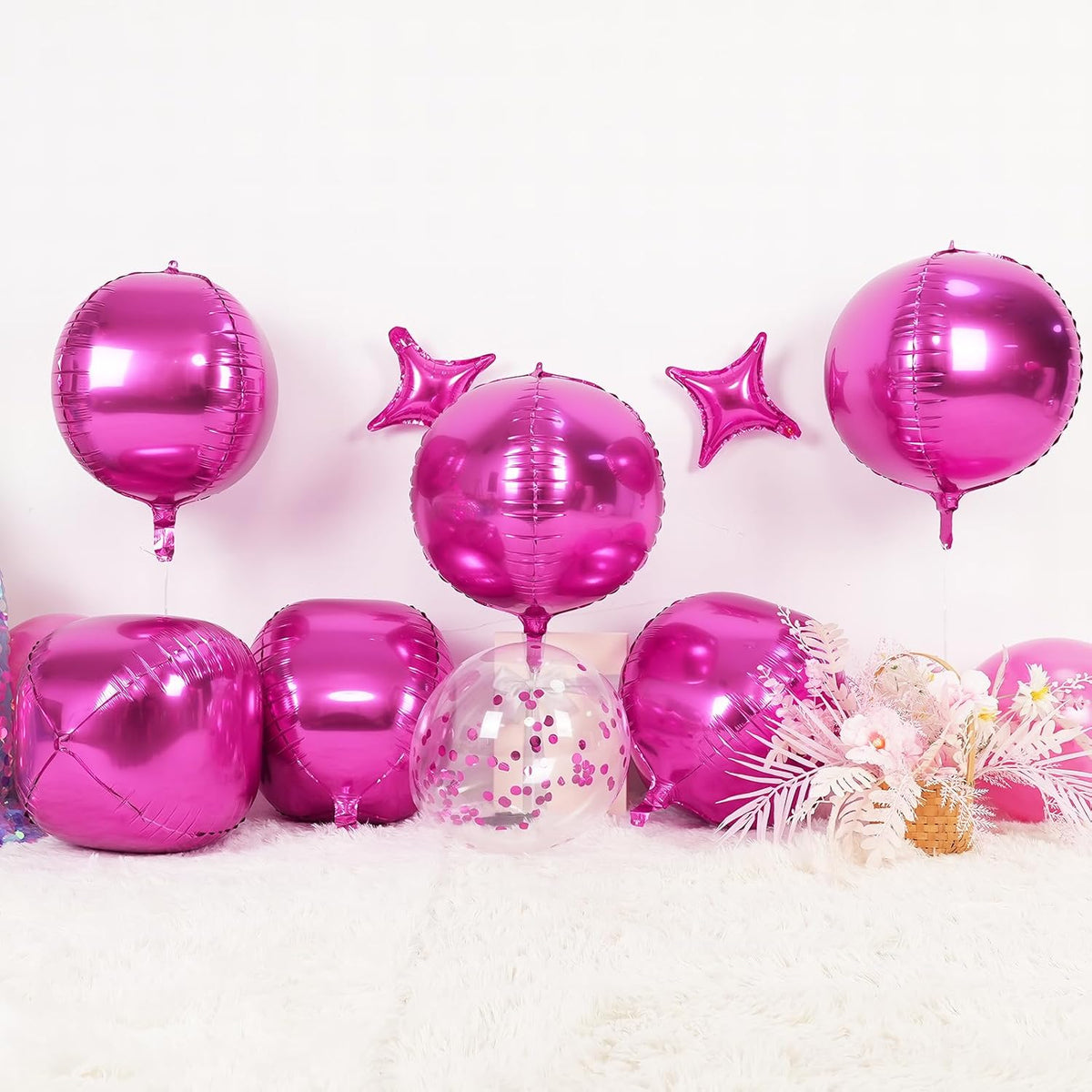 6Pcs Hot Pink Round Foil Balloons,Giant 4D Round Ball Balloon,22 Inch Metallic Hot Pink Balloons