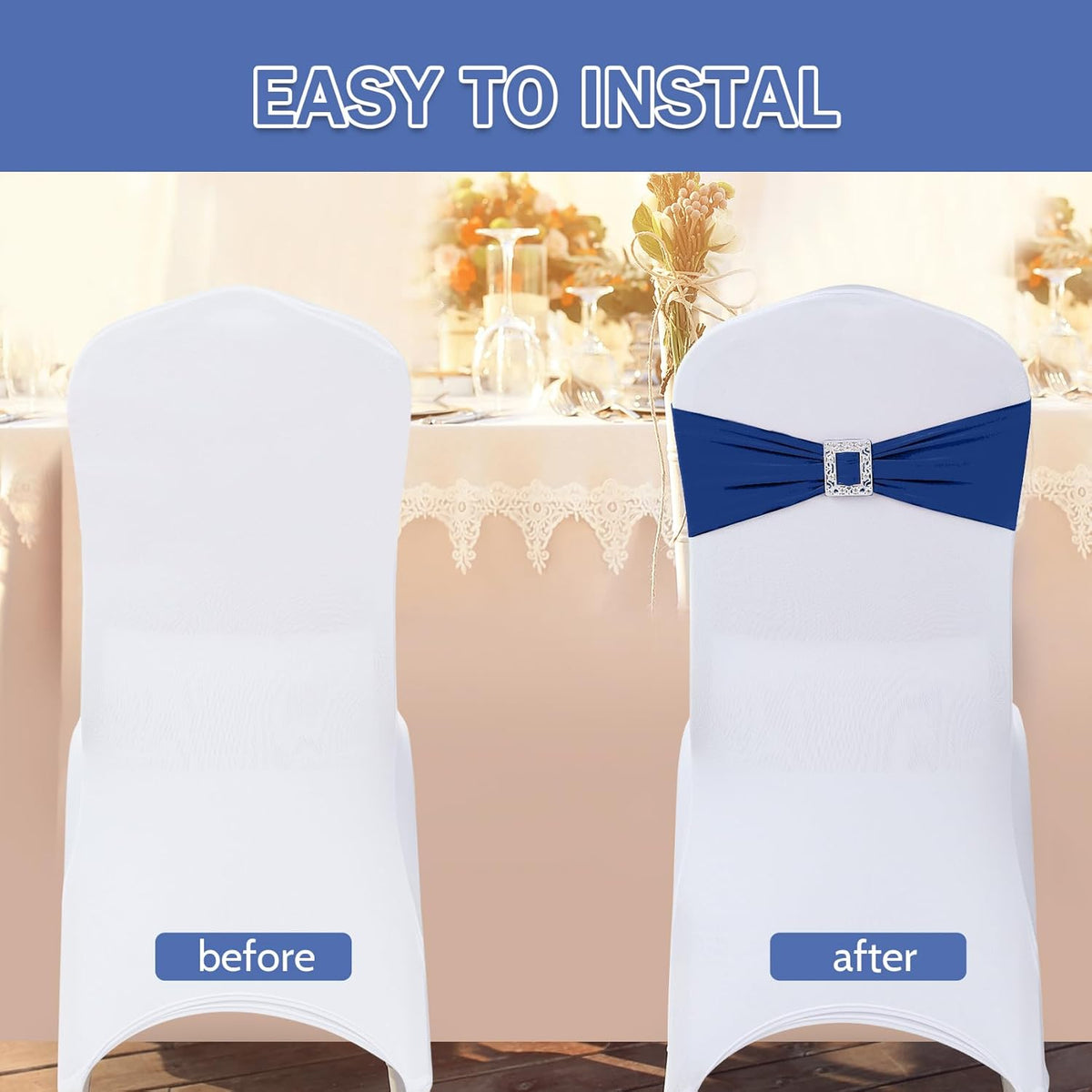 Joccun 120 PCS Spandex Chair Sashes Bows Stretch Chair Cover Band with Buckle Slider Universal
