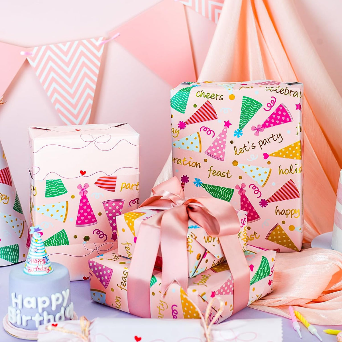 Yarcony Pink Birthday Wrapping Paper for Girl Women, Metallic Foil Girly Party Hat, Bow Design
