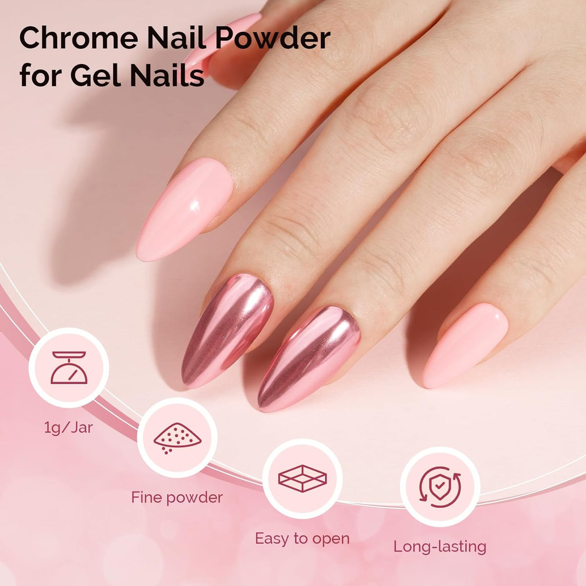 MelodySusie Pink Chrome Nail Powder for Gel Nails,Metallic Mirror Effect Pigment Stylish Fine