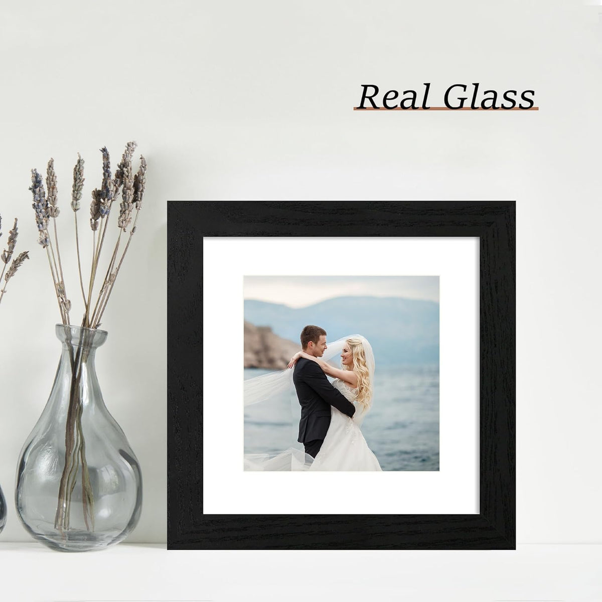 8x8 Picture Frames Set of 4 with High Definition Real Glass, Black Frames Display 6x6 Picture with
