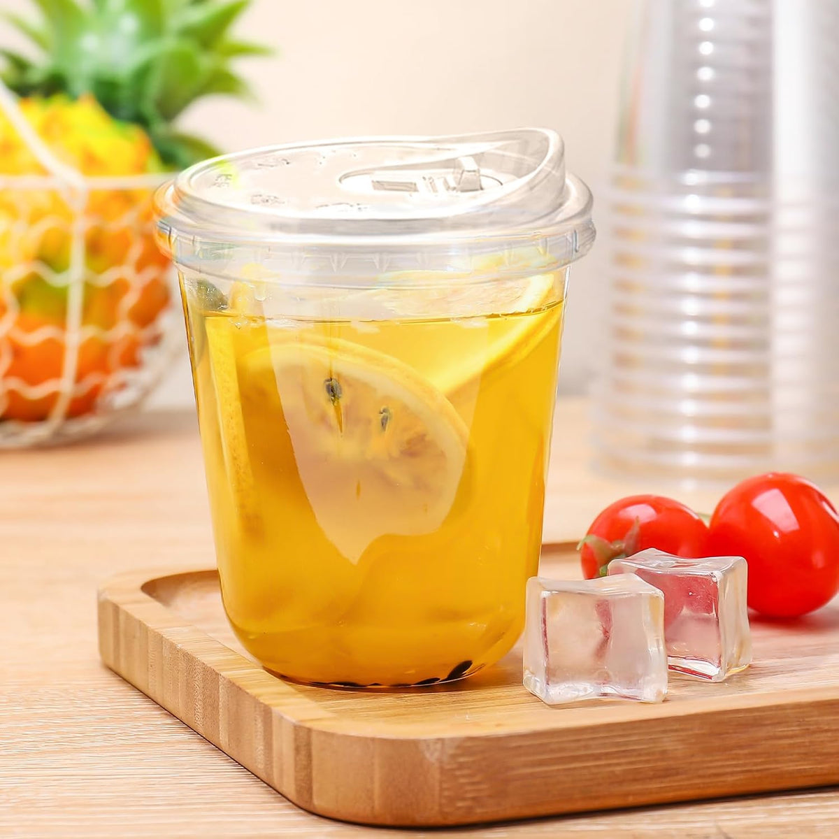 12oz Disposable Stemless Glasses With Strawless Sip Lids,PET Disposable Drinking Cups,Clear Plastic