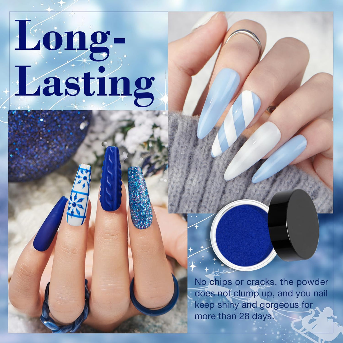 AZUREBEAUTY Christmas Dip Powder Nail Kit Winter White Navy Blue Glitter 4 Colors Acrylic Dipping