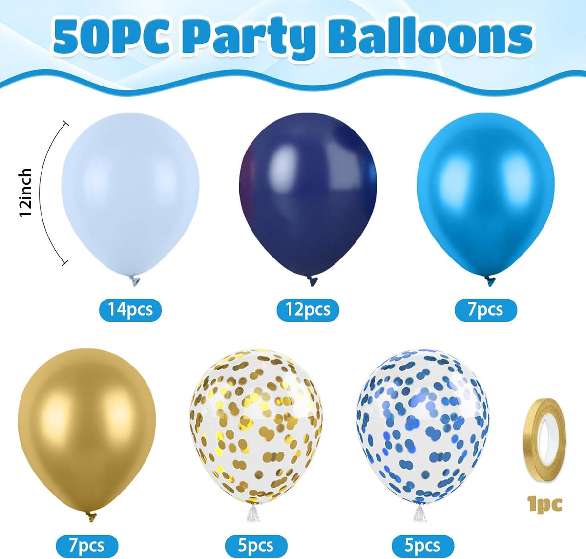 Blue and Gold Balloons, 50pcs Metallic Blue Gold Balloons, Navy Macaron Balloon Confetti Balloon
