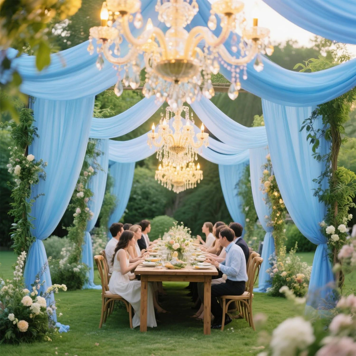 VOK Blue Wedding Arch Draping Fabric Chiffon Fabric, 29in x 18Ft 2 Panels Sheer Chiffon Outdoor