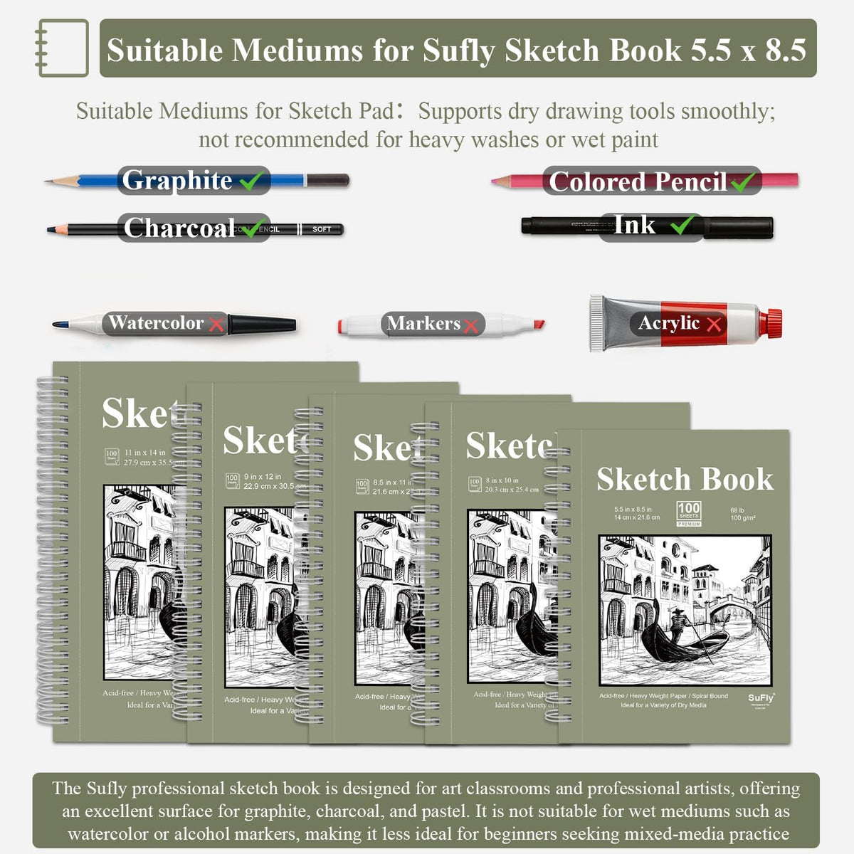 SuFly Small Sketch Book 5.5"x8.5", 2-Pack Mini Sketchbook, Spiral Bound Sketchbook Hardcover with