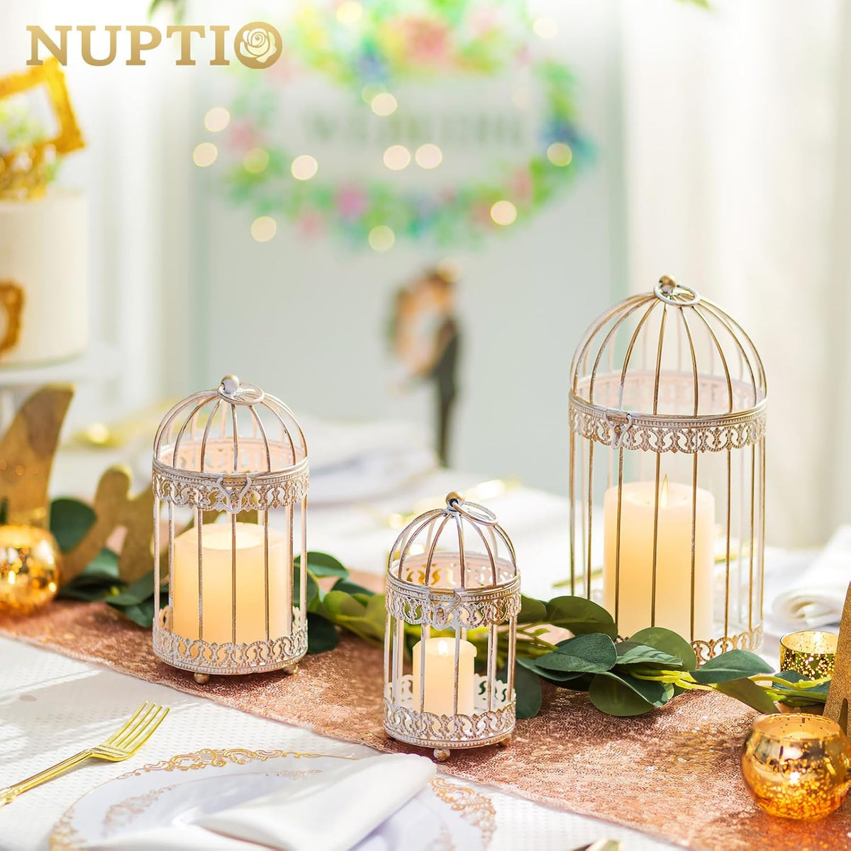 NUPTIO Decorative Candle Lanterns White: 3 Pcs Distressed White Metal Bird Cage Indoors Lantern