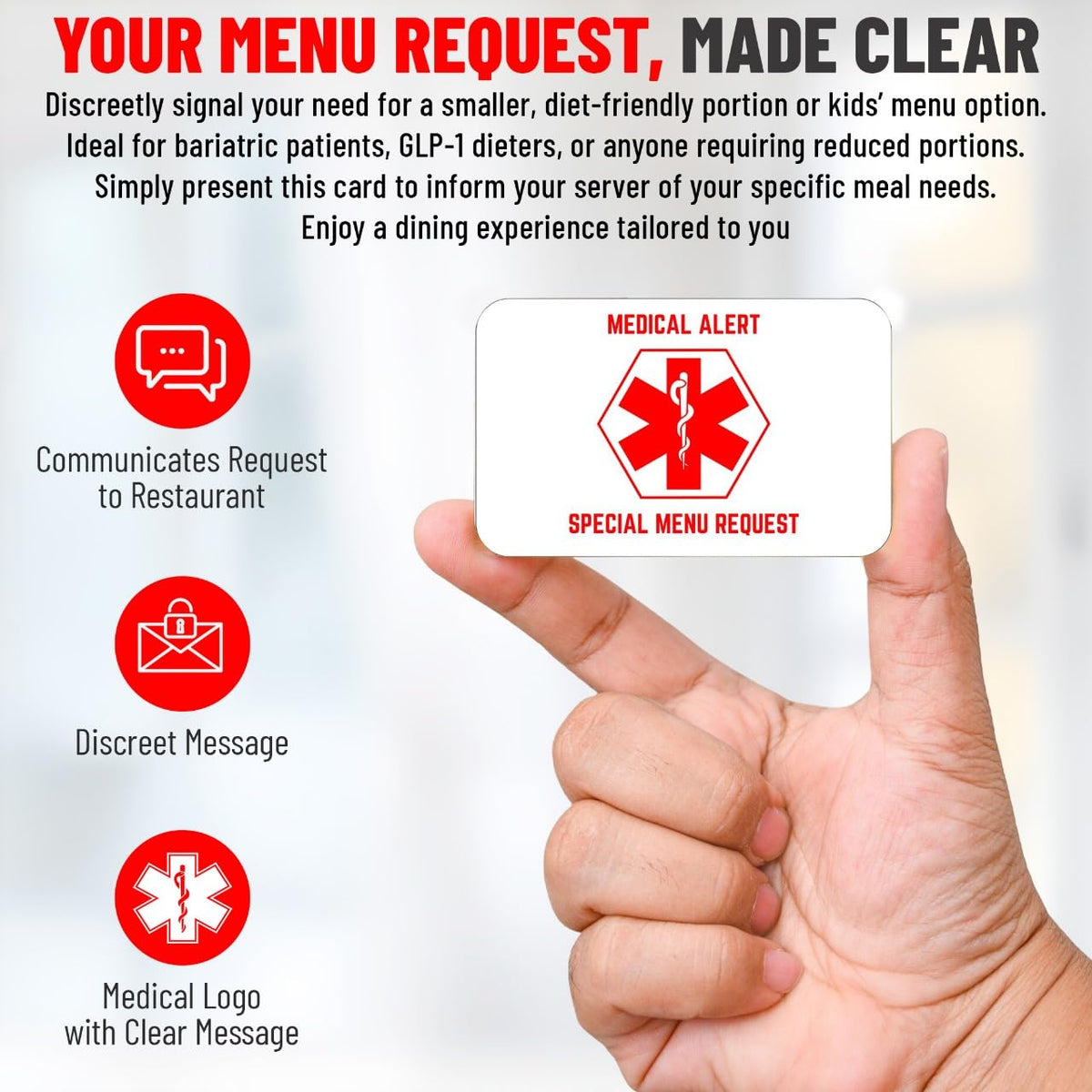 Bariatric Card for Restaurants, Special Menu Request Card, Portion Control Restaurant Request for