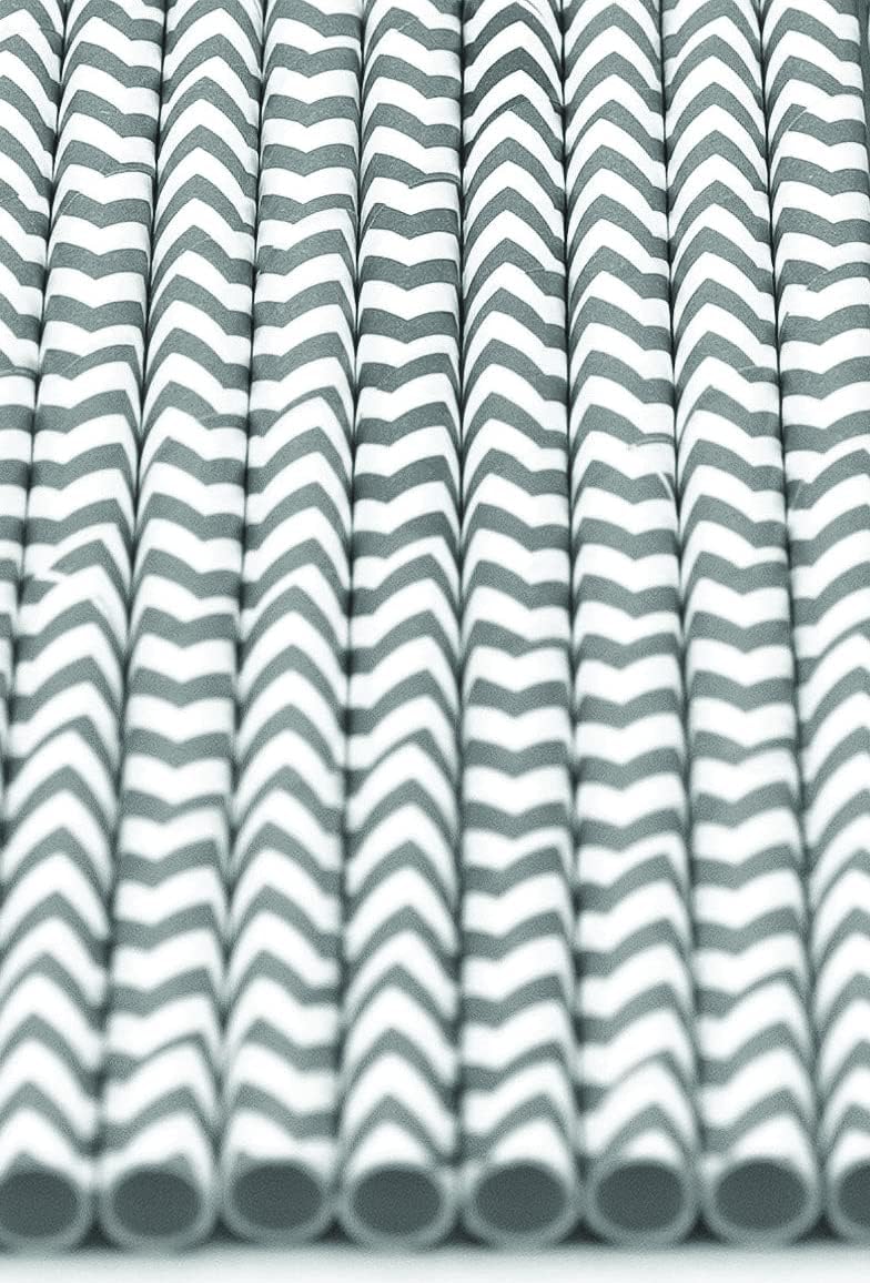 Pack of 900 Gray Chevron Biodegradable 4-Ply Paper Drinking Straws (Compostable, Non-toxic