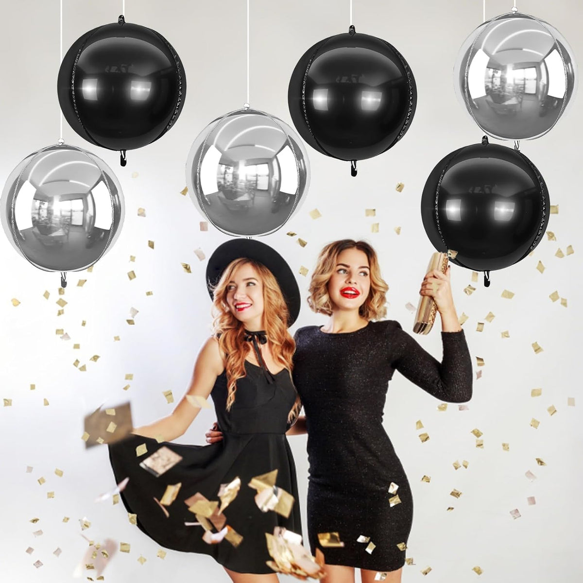 6Pcs Silver Black Round Foil Balloons,Giant 4D Round Ball Balloon,22 Inch Metallic Balloons for