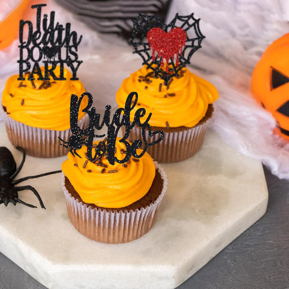 Halloween Bachelorette Cupcake Topper Bride To Be Ring Skeleton Hand Heart Blood Glitter Food Picks