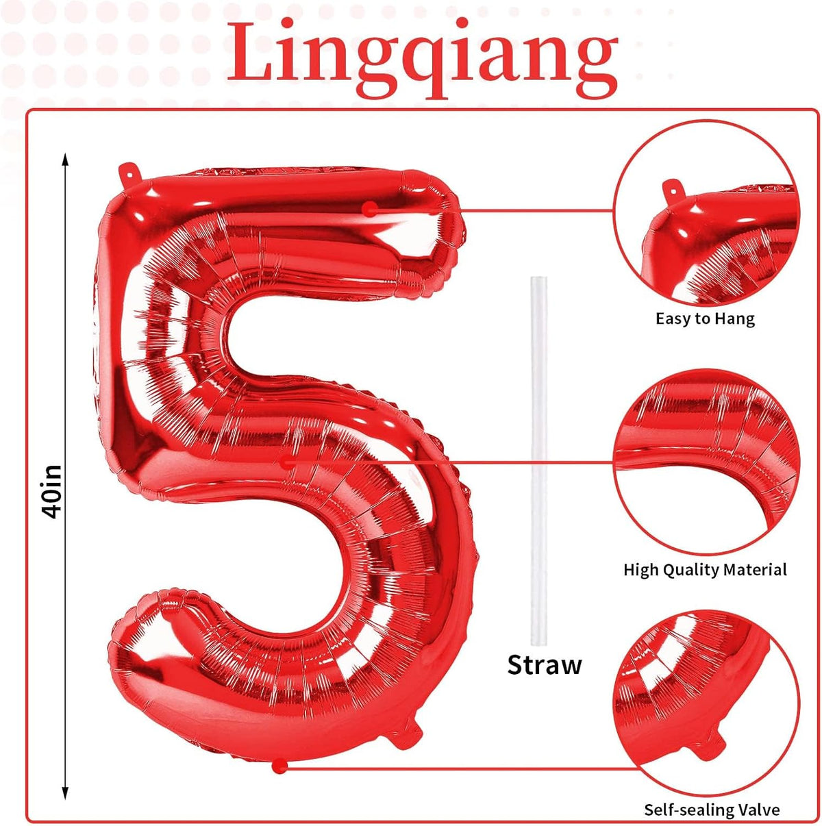 40 Inch Red Large Numbers Balloons 0-9, Self Inflating Foil Number 5 Helium Balloons for 5th Boys