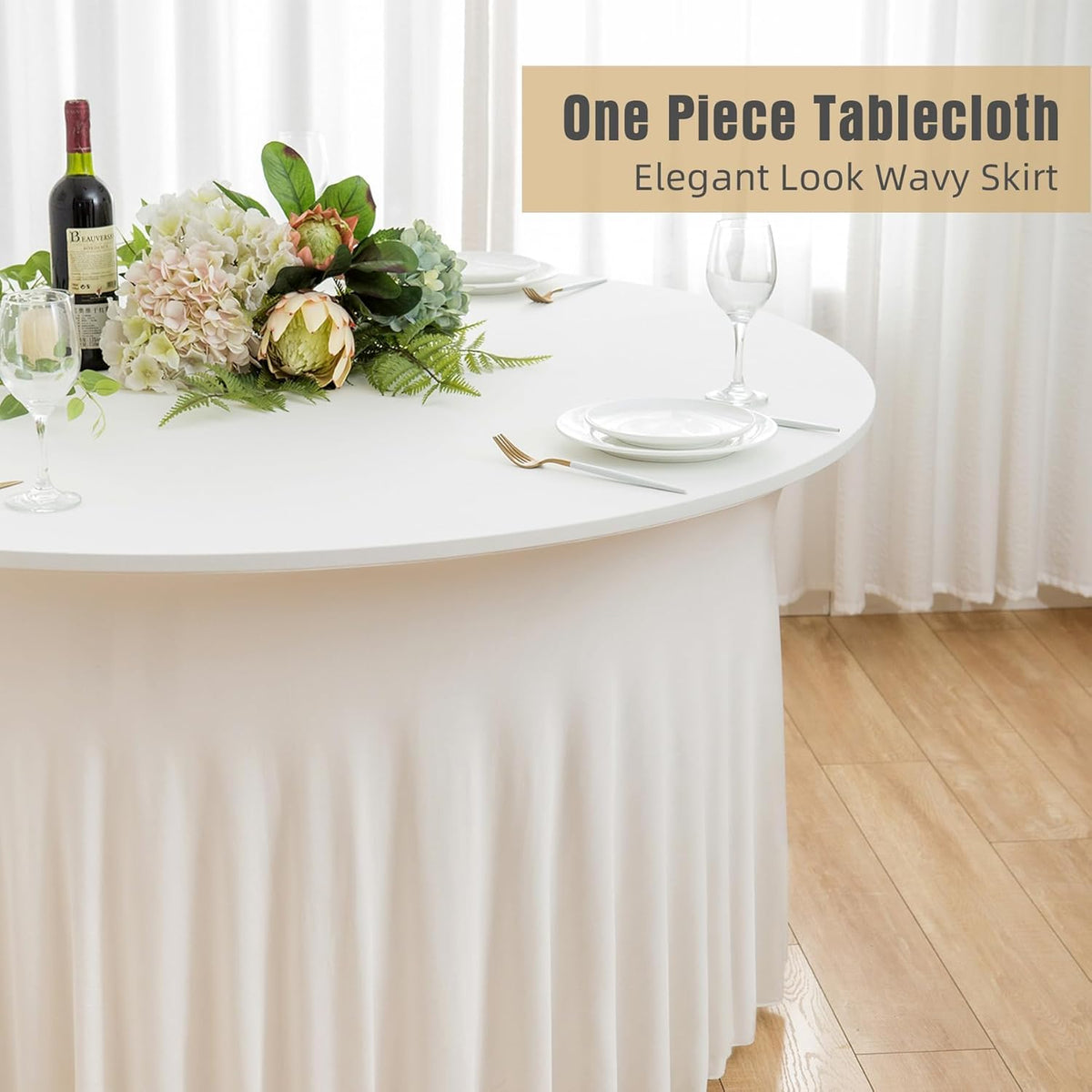 2 Pack Ivory Spandex Round Tablecloths for 60 inch Tables, Wrinkle Free Stretchy Fitted 120inch