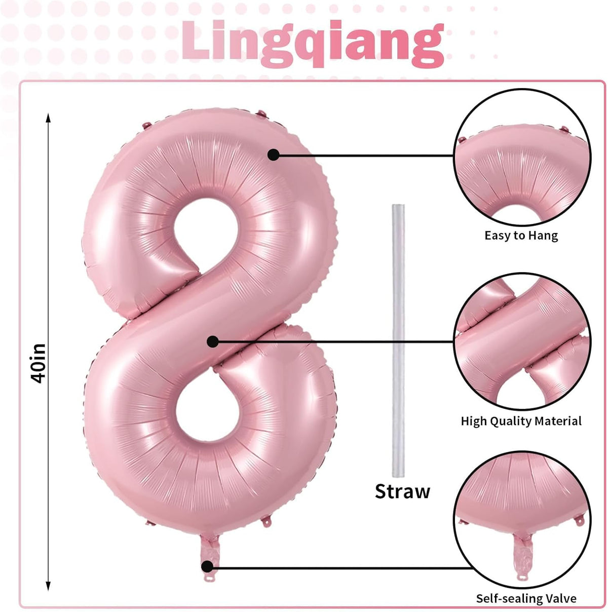 Pastel Pink 8 Balloons, 40" Giant Helium Foil Number 0-9 Light Pink Birthday Balloon for Girls