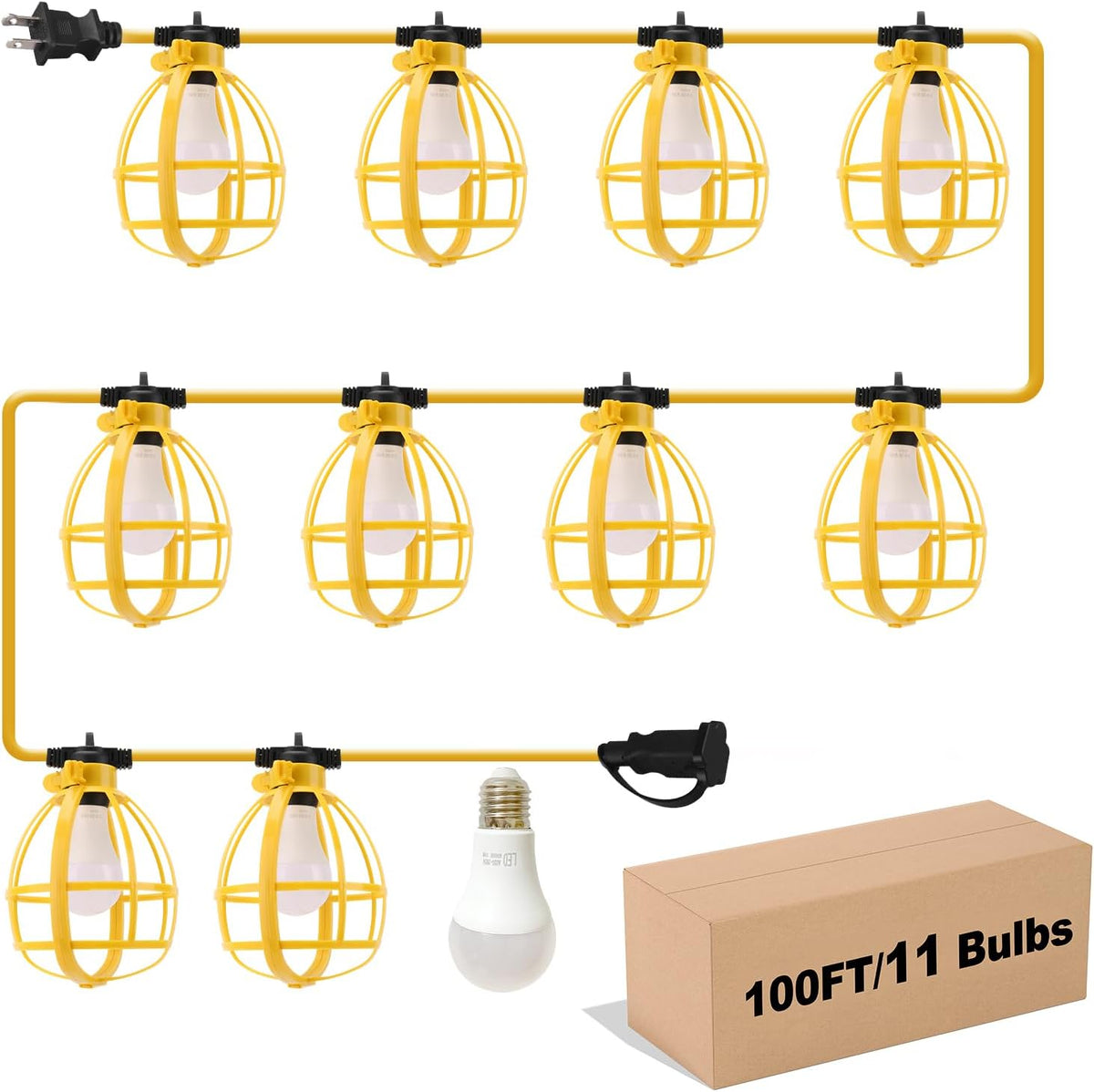 100FT Construction String Lights, 100W 11 Bulbs Work Lights with E26 Base, Construction Lights IP65