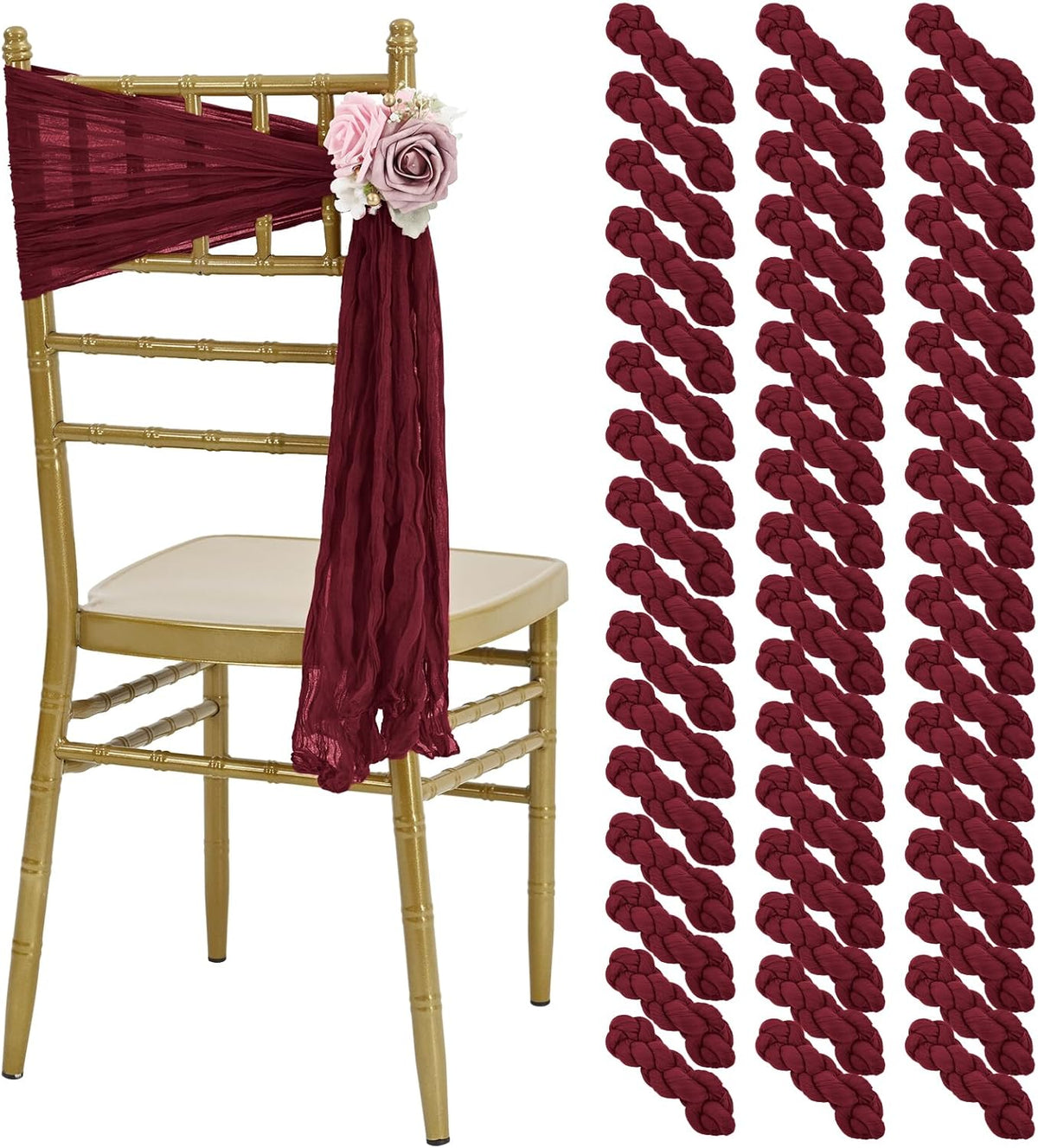 50 PCS Cheesecloth Chair Sashes, Bows Designed ChairSashes, 15.7x70 inch Chair Sashes for Aisle