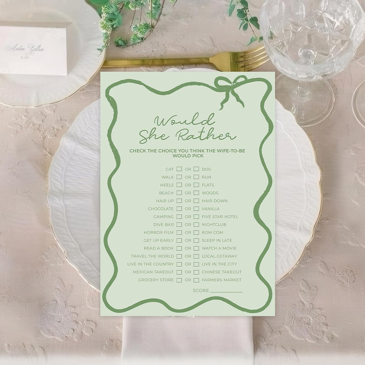 DEEKA 30 PCS Bridal Shower Games Card for 30 Guests Sage Green Wavy Border Ribbon Bow Funny Wedding