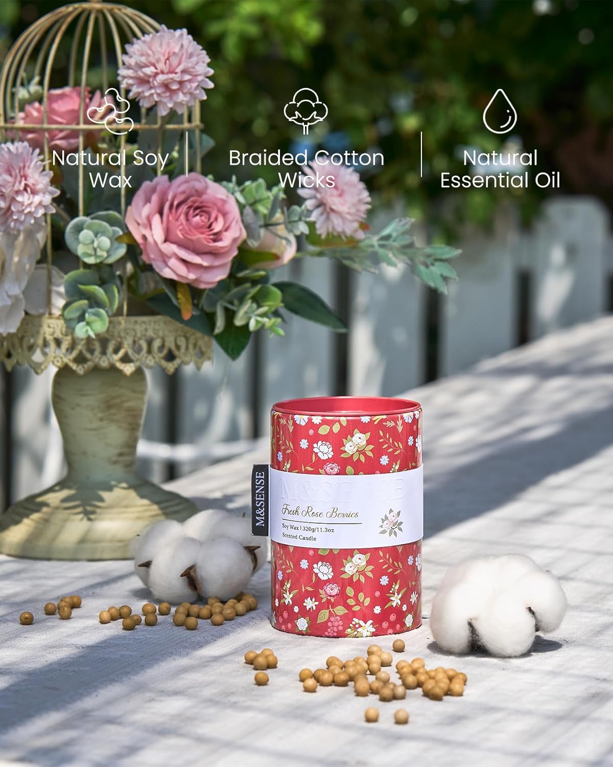 M&SENSE Fresh Rose Berries Scented Candle, Medium Jar Candle 11.3oz Natural Soy Wax for Home